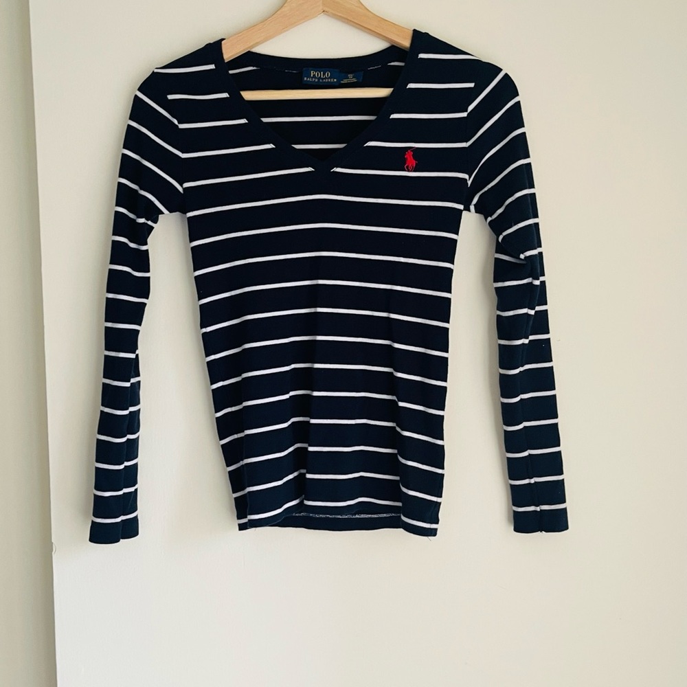 Stripped Print Long Sleeve Polo T-shirt by Ralph Lauren, XS